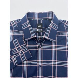 Boss Shirt Mens XL 17.5 Slim Fit Stretch Button Up Long‎ Sleeve Multicolor Plaid